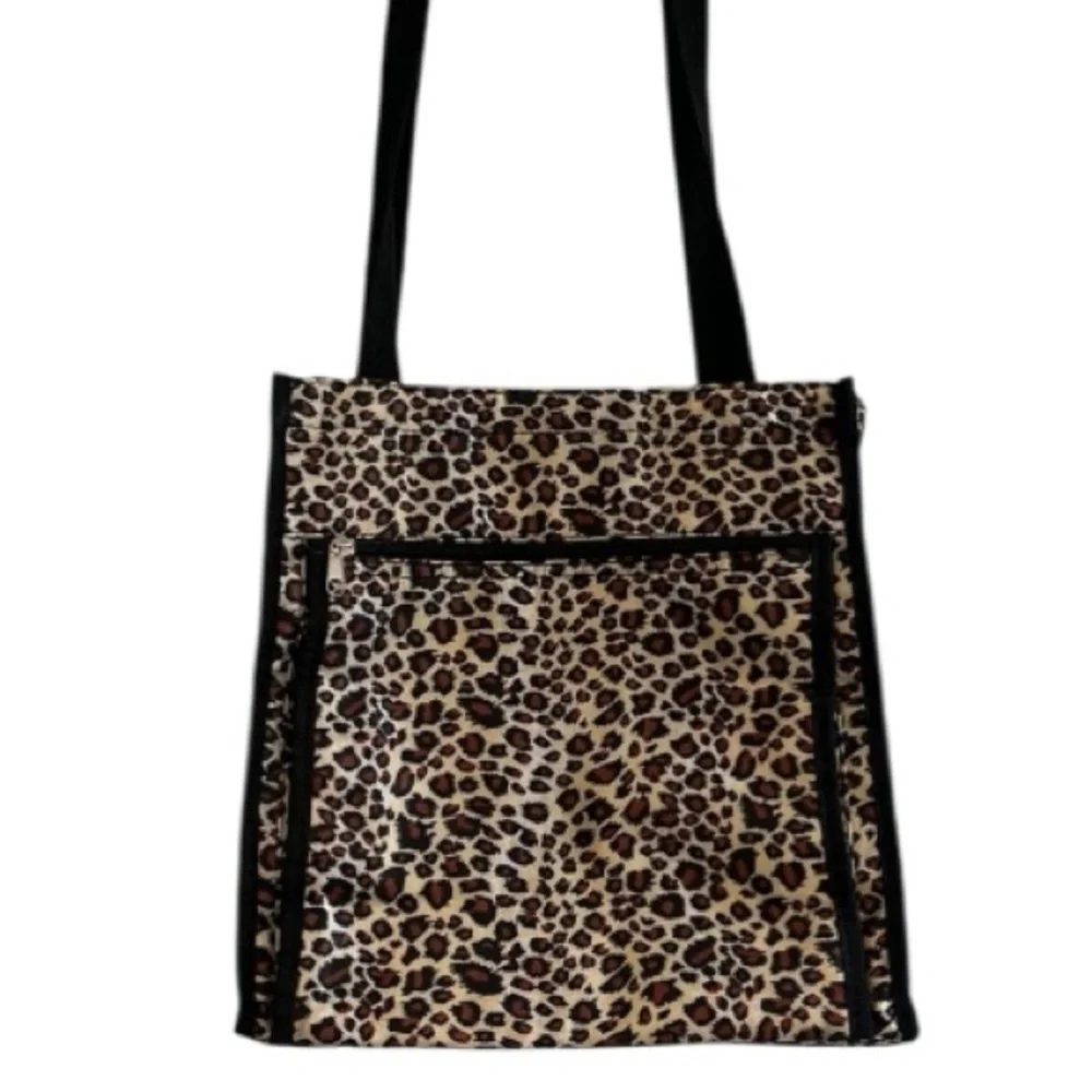 LEOPARD PRINT SMALL NYLON LUNCH TOTE WITH HANDLES BROWN BLACK TAN